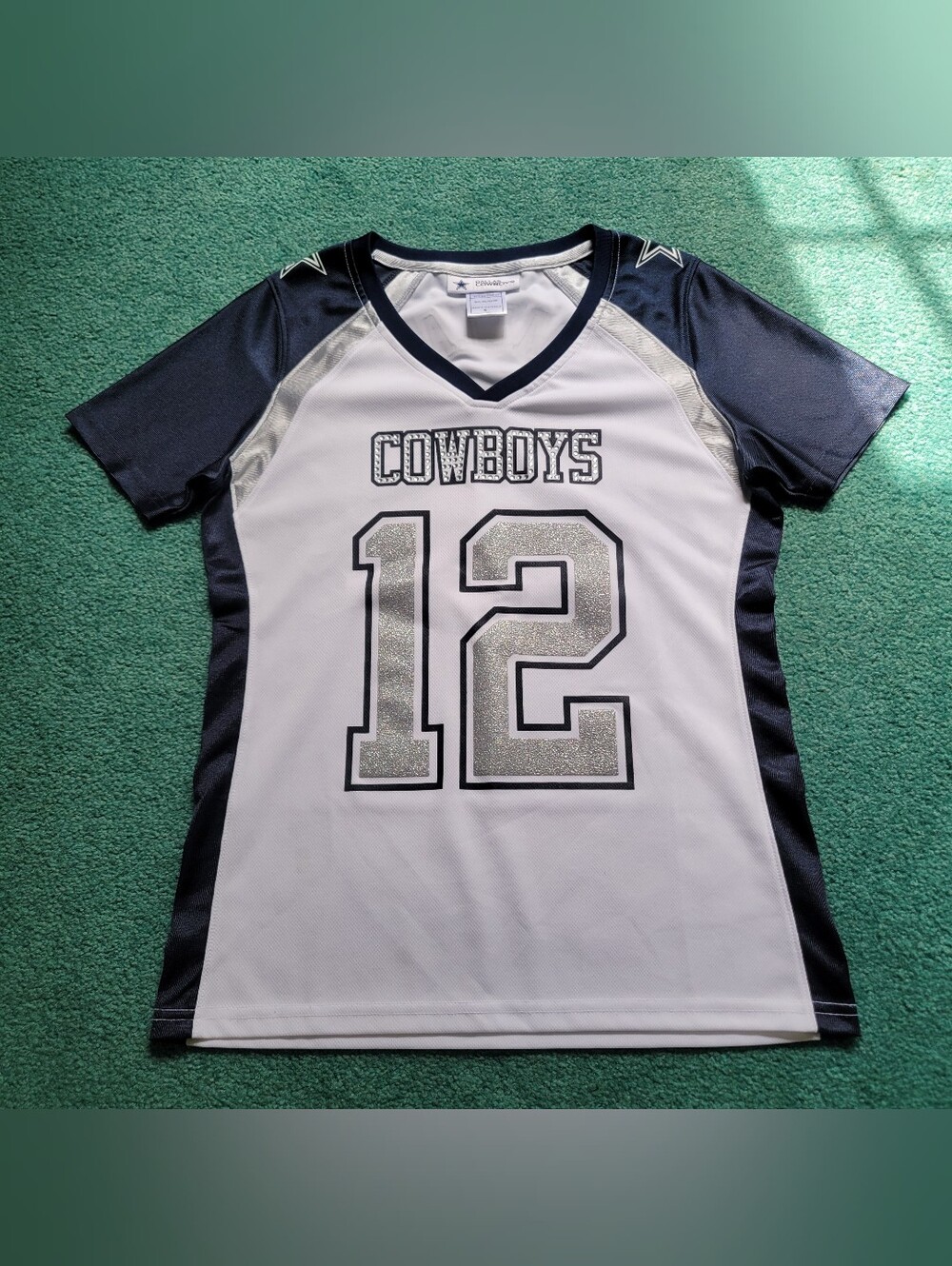 Dallas Cowboys Football Jersey Women Small Navy White Silver Glitter
